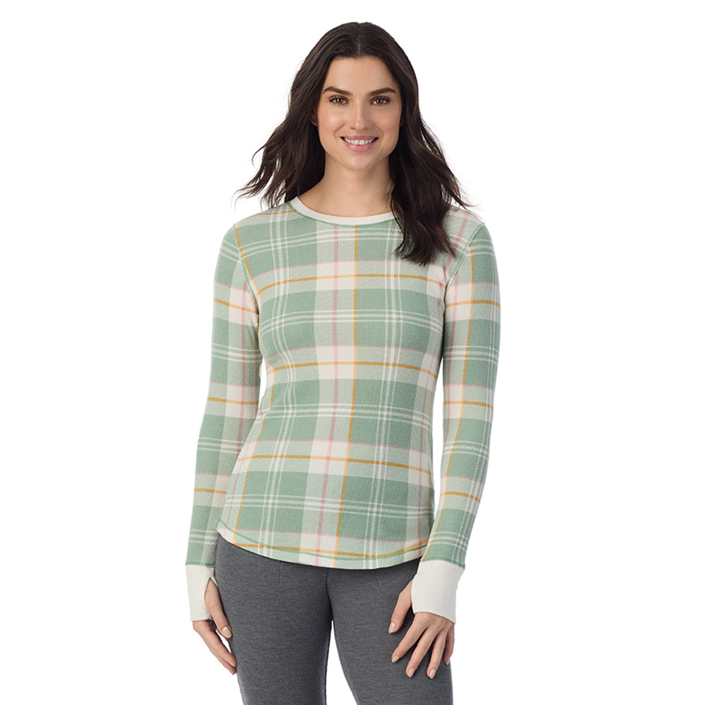A Lady is wearing Green Plaid Cozy Stretch Thermal Long Sleeve Crew
