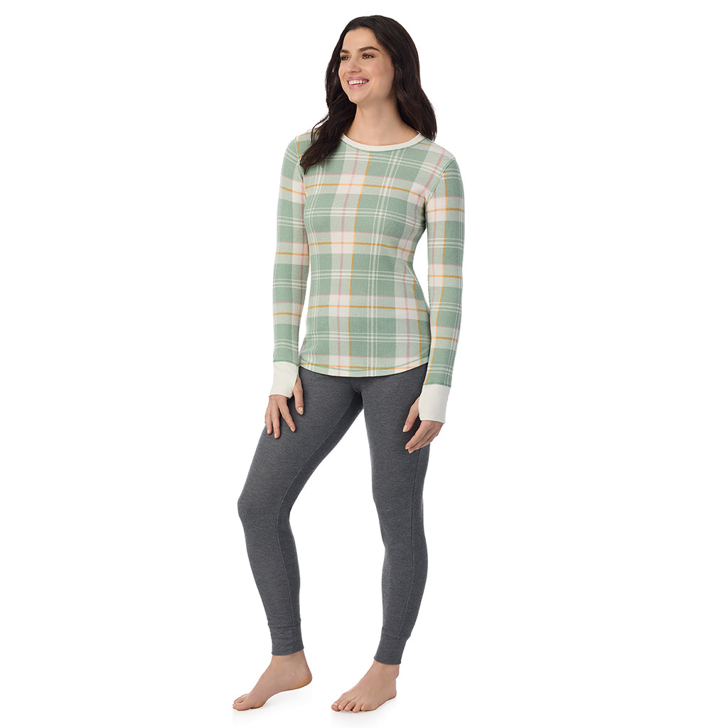 Green Plaid; Model is wearing a size S. She is 5’9”, Bust 34”, Waist 25”, Hips 36”@ A Lady is wearing Green Plaid Cozy Stretch Thermal Long Sleeve Crew