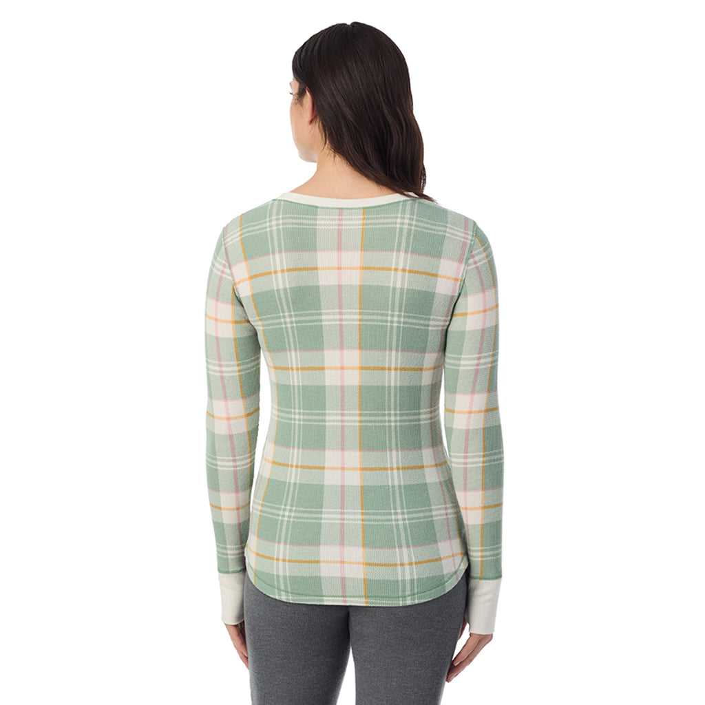 Green Plaid; Model is wearing a size S. She is 5’9”, Bust 34”, Waist 25”, Hips 36”@ A Lady is wearing Green Plaid Cozy Stretch Thermal Long Sleeve Crew