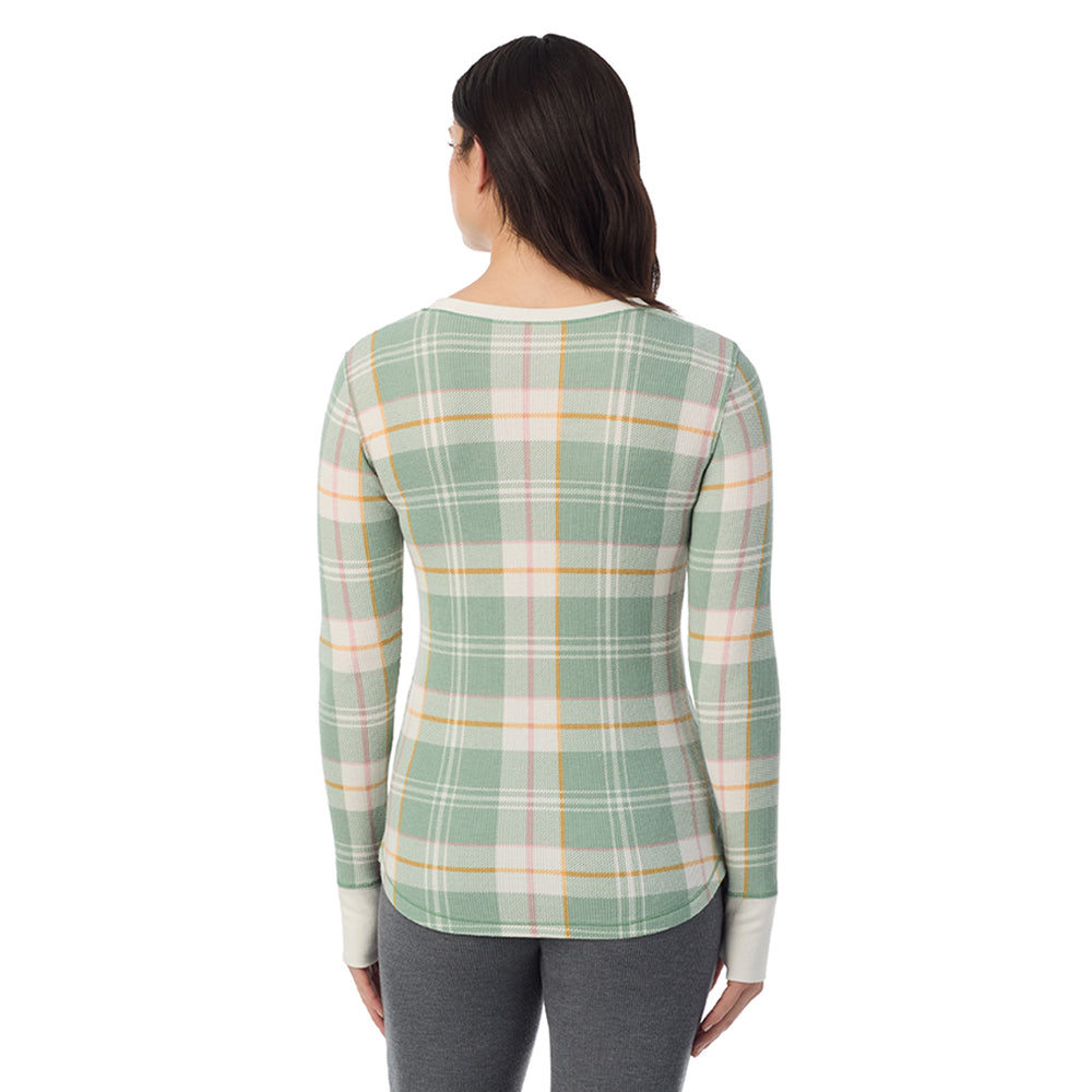 A Lady is wearing Green Plaid Cozy Stretch Thermal Long Sleeve Crew