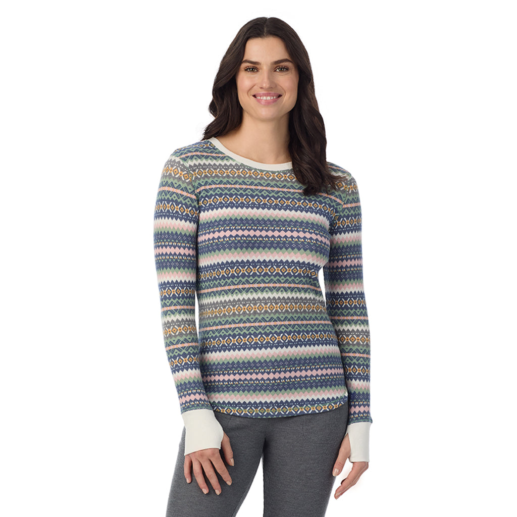 Green Fairisle; Model is wearing a size S. She is 5’9”, Bust 34”, Waist 25”, Hips 36”@ A Lady is wearing Green Fairisle Cozy Stretch Thermal Long Sleeve Crew