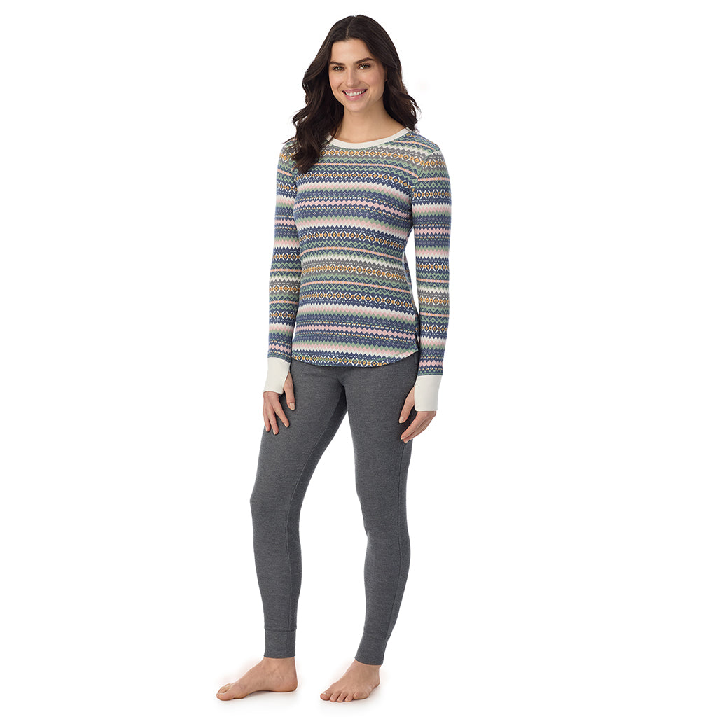  A Lady is wearing Green Fairisle Cozy Stretch Thermal Long Sleeve Crew