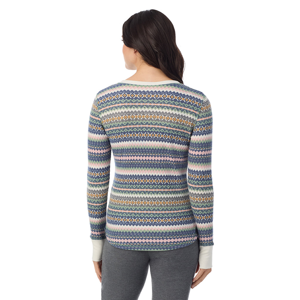 Green Fairisle; Model is wearing a size S. She is 5’9”, Bust 34”, Waist 25”, Hips 36”@ A Lady is wearing Green Fairisle Cozy Stretch Thermal Long Sleeve Crew