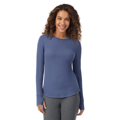 Smoke Blue; Model is wearing size S. She is 5’9”, Bust 34”, Waist 23”, Hips 35”@ A Lady is wearing Smoke Blue Cozy Stretch Thermal Long Sleeve Crew