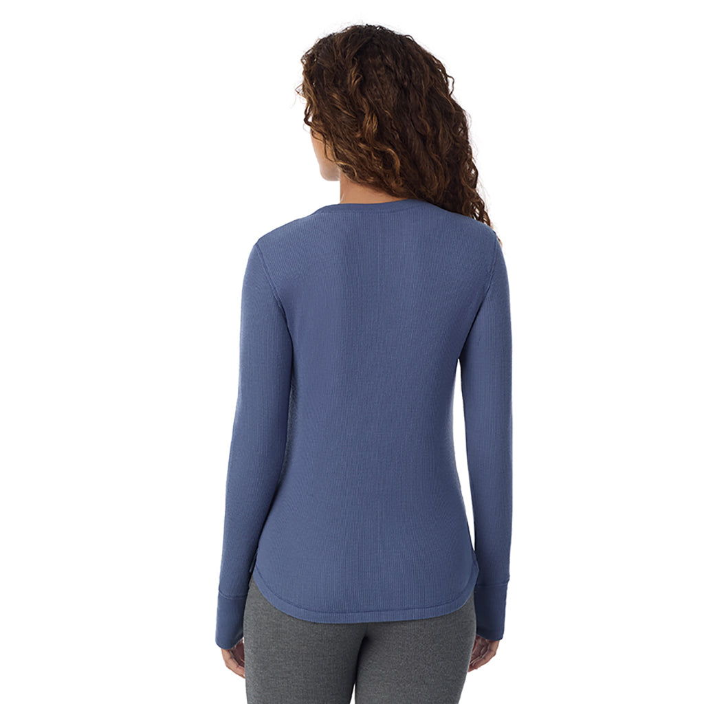  A Lady is wearing Smoke Blue Cozy Stretch Thermal Long Sleeve Crew