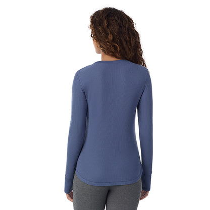 Smoke Blue; Model is wearing size S. She is 5’9”, Bust 34”, Waist 23”, Hips 35”@ A Lady is wearing Smoke Blue Cozy Stretch Thermal Long Sleeve Crew