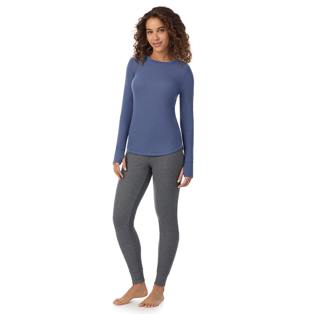 A Lady is wearing Smoke Blue Cozy Stretch Thermal Long Sleeve Crew