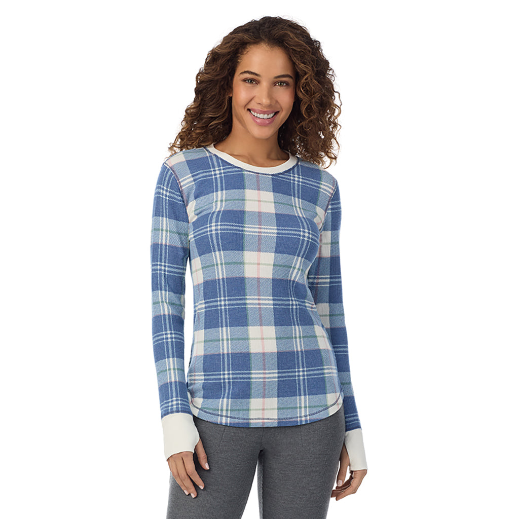 Blue Plaid; Model is wearing size S. She is 5’9”, Bust 34”, Waist 23”, Hips 35”@ A Lady is wearing Blue Plaid Cozy Stretch Thermal Long Sleeve Crew