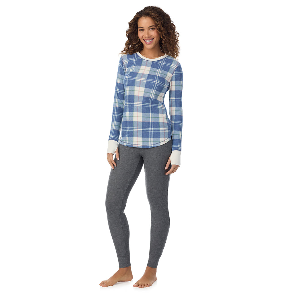 Blue Plaid; Model is wearing size S. She is 5’9”, Bust 34”, Waist 23”, Hips 35”@ A Lady is wearing Blue Plaid Cozy Stretch Thermal Long Sleeve Crew