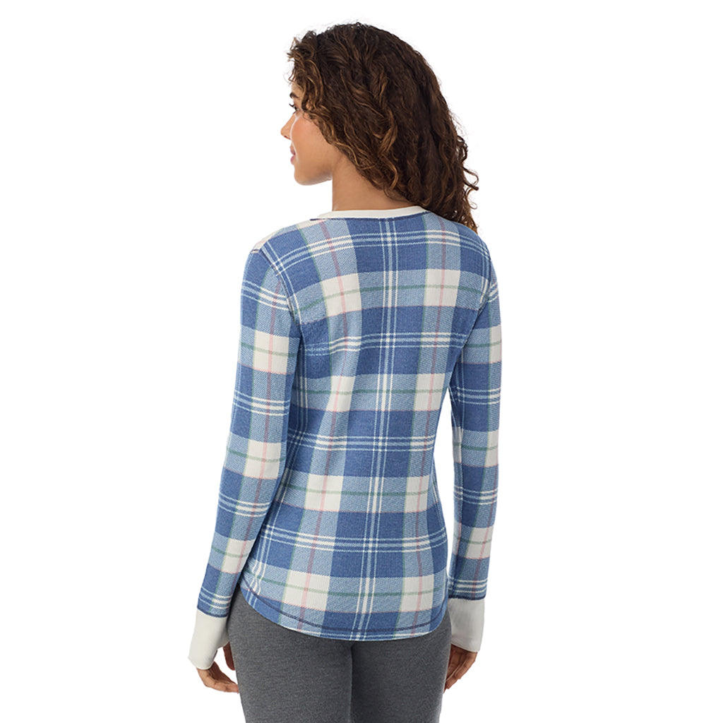 Blue Plaid; Model is wearing size S. She is 5’9”, Bust 34”, Waist 23”, Hips 35”@ A Lady is wearing Blue Plaid Cozy Stretch Thermal Long Sleeve Crew