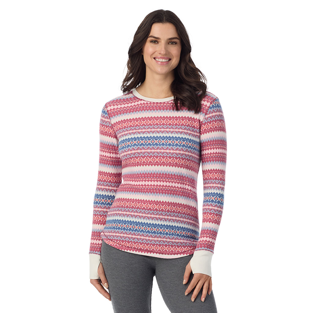 Red Fairisle; Model is wearing a size S. She is 5’9”, Bust 34”, Waist 25”, Hips 36”@ A Lady is wearing Red Fairisle Cozy Stretch Thermal Long Sleeve Crew