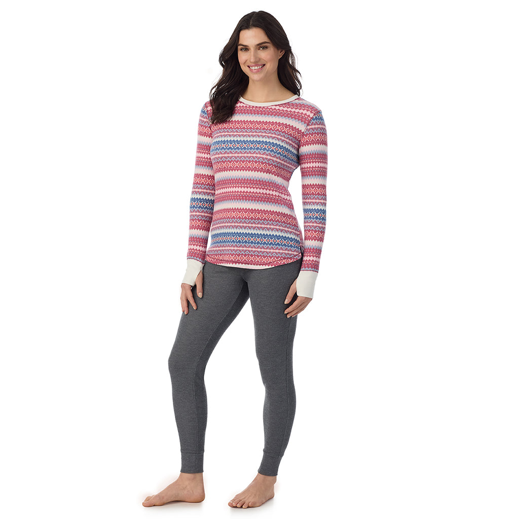  A Lady is wearing Red Fairisle Cozy Stretch Thermal Long Sleeve Crew