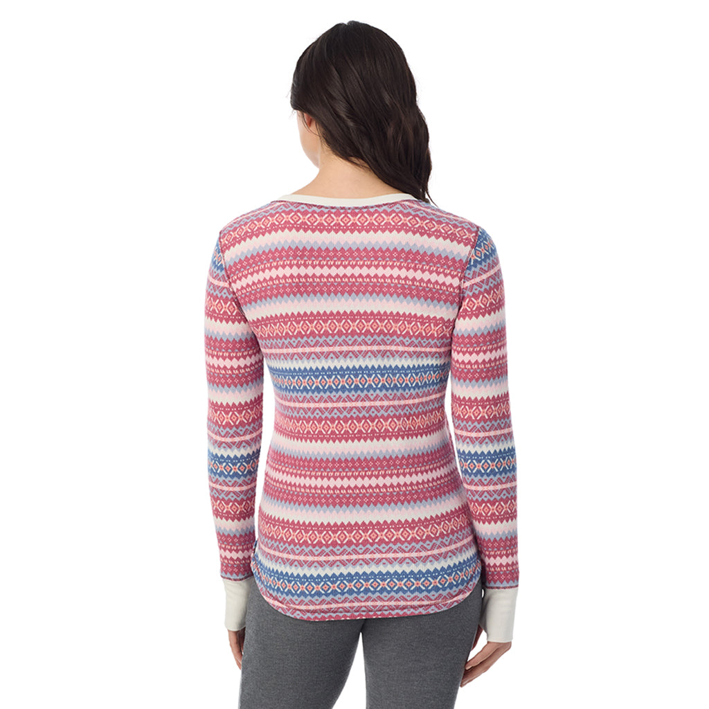 Red Fairisle; Model is wearing a size S. She is 5’9”, Bust 34”, Waist 25”, Hips 36”@ A Lady is wearing Red Fairisle Cozy Stretch Thermal Long Sleeve Crew