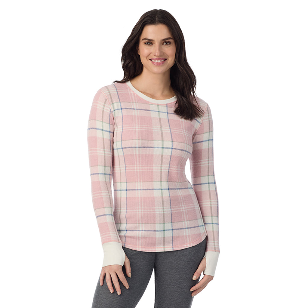 Pink Plaid; Model is wearing a size S. She is 5’9”, Bust 34”, Waist 25”, Hips 36”@ A Lady is wearing Pink Plaid Cozy Stretch Thermal Long Sleeve Crew