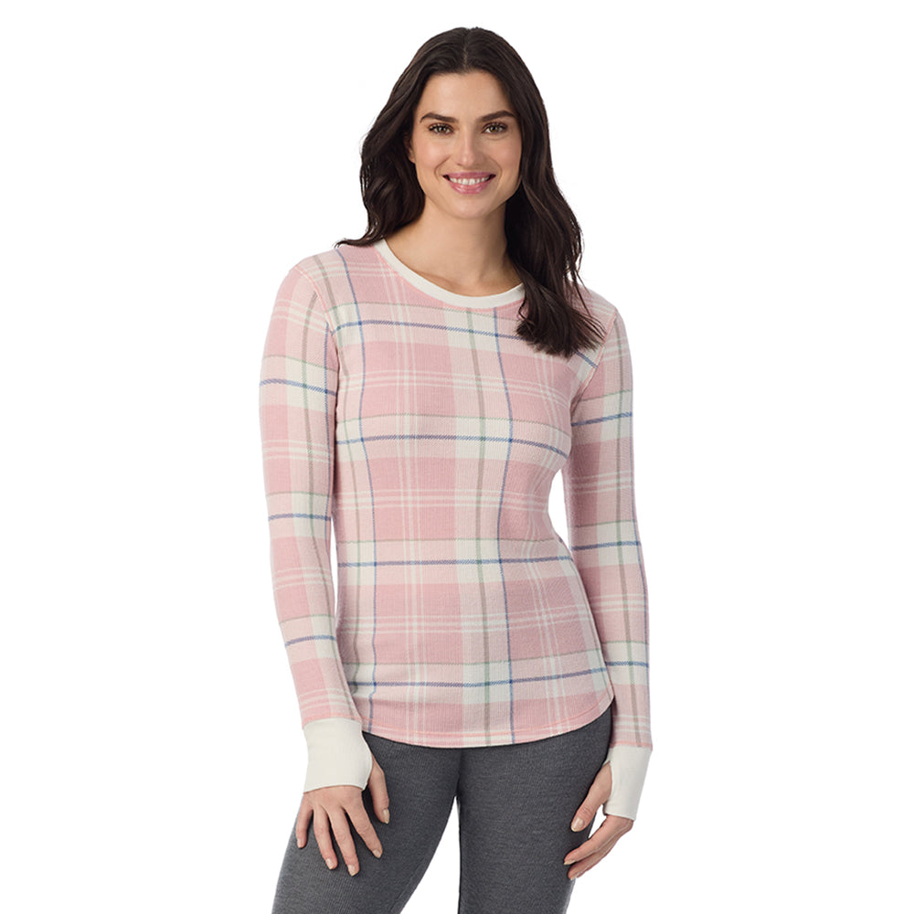 A Lady is wearing Pink Plaid Cozy Stretch Thermal Long Sleeve Crew