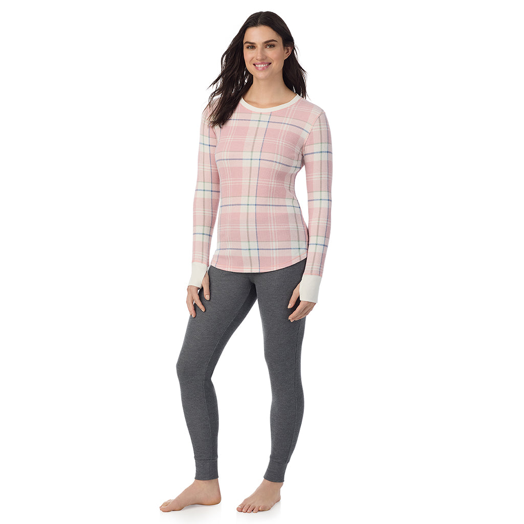 Pink Plaid; Model is wearing a size S. She is 5’9”, Bust 34”, Waist 25”, Hips 36”@ A Lady is wearing Pink Plaid Cozy Stretch Thermal Long Sleeve Crew