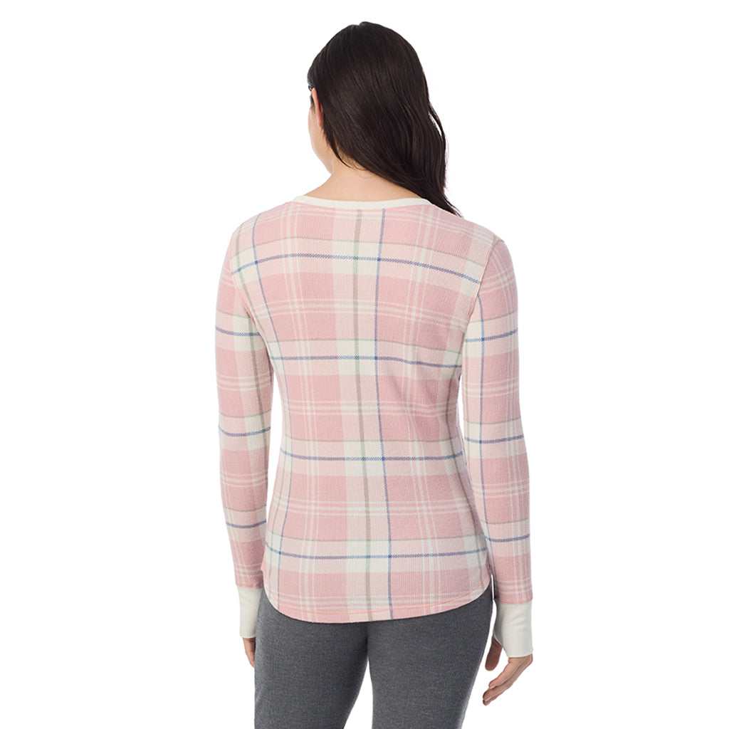 Pink Plaid; Model is wearing a size S. She is 5’9”, Bust 34”, Waist 25”, Hips 36”@ A Lady is wearing Pink Plaid Cozy Stretch Thermal Long Sleeve Crew