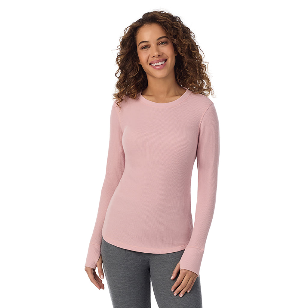 Dusty Pink; Model is wearing size S. She is 5’9”, Bust 34”, Waist 23”, Hips 35”@ A Lady is wearing Dusty Pink Cozy Stretch Thermal Long Sleeve Crew