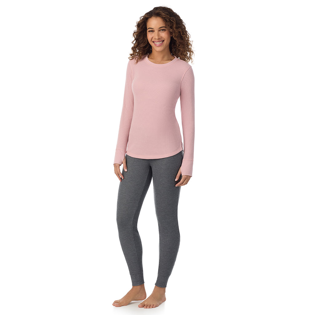 Dusty Pink; Model is wearing size S. She is 5’9”, Bust 34”, Waist 23”, Hips 35”@ A Lady is wearing Dusty Pink Cozy Stretch Thermal Long Sleeve Crew