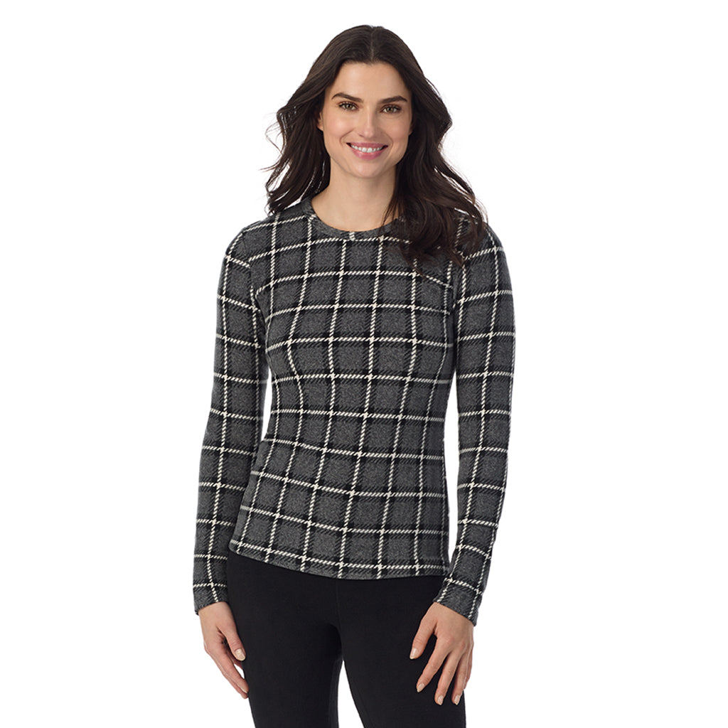 Grey Black Plaid; Model is wearing a size S. She is 5’9”, Bust 34”, Waist 25”, Hips 36”@ A Lady is wearing a Grey Black Plaid Fleecewear With Stretch Long Sleeve Crew