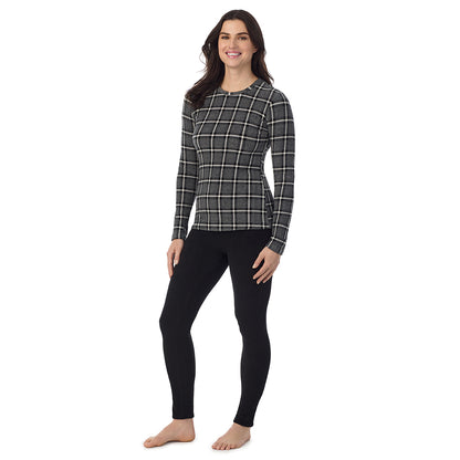 Grey Black Plaid; Model is wearing a size S. She is 5’9”, Bust 34”, Waist 25”, Hips 36”@ A Lady is wearing a Grey Black Plaid Fleecewear With Stretch Long Sleeve Crew