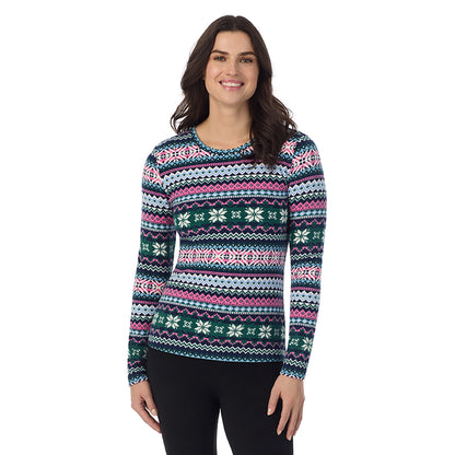 Green Pink Fairisle; Model is wearing a size S. She is 5’9”, Bust 34”, Waist 25”, Hips 36”@ A Lady is wearing a Green Pink Fairisle  Fleecewear With Stretch Long Sleeve Crew