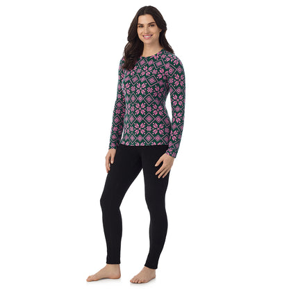 Evergreen Snowflake; Model is wearing a size S. She is 5’9”, Bust 34”, Waist 25”, Hips 36”@ A Lady is wearing a Evergreen Snowflake Fleecewear With Stretch Long Sleeve Crew