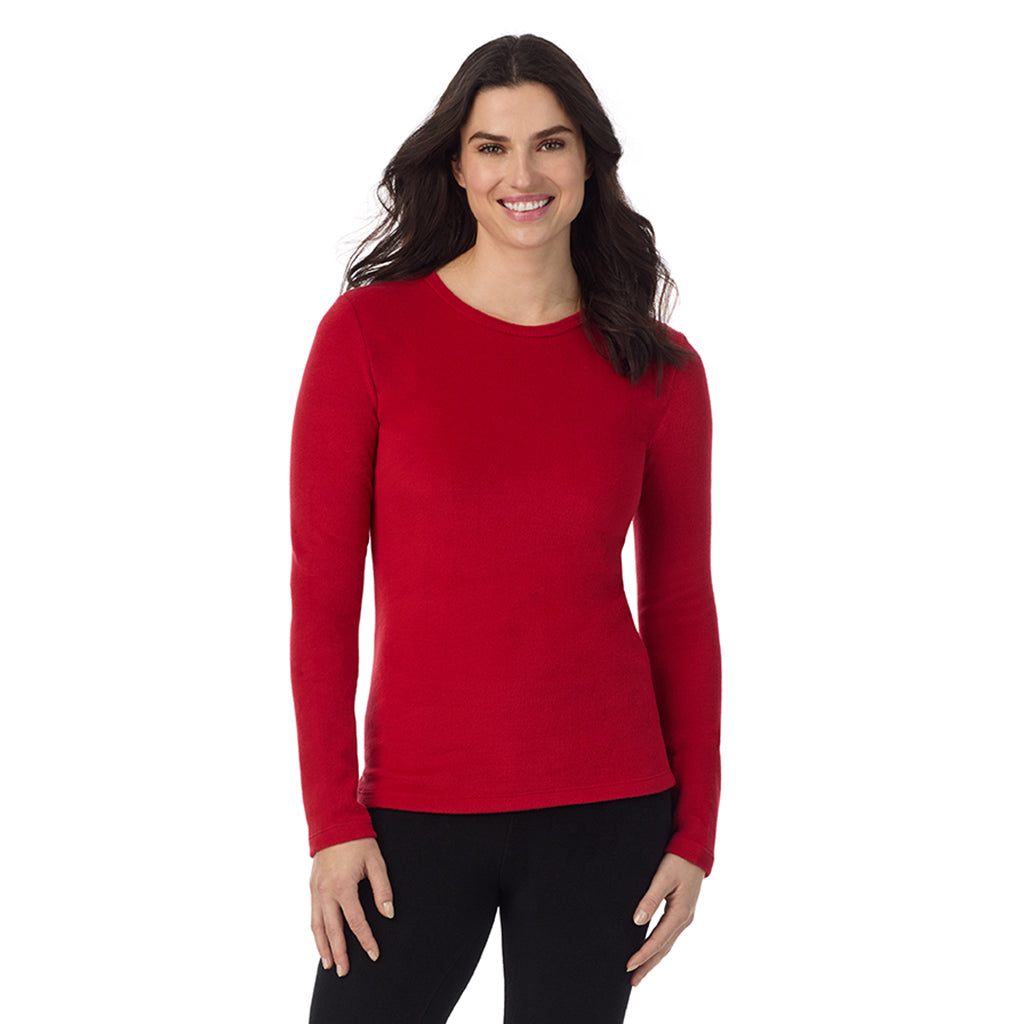  A Lady is wearing a Chili Pepper Red Fleecewear With Stretch Long Sleeve Crew