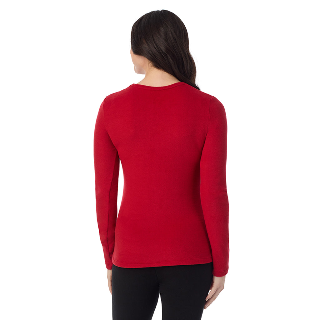 Chili Pepper Red; Model is wearing a size S. She is 5’9”, Bust 34”, Waist 25”, Hips 36”@ A Lady is wearing a Chili Pepper Red Fleecewear With Stretch Long Sleeve Crew