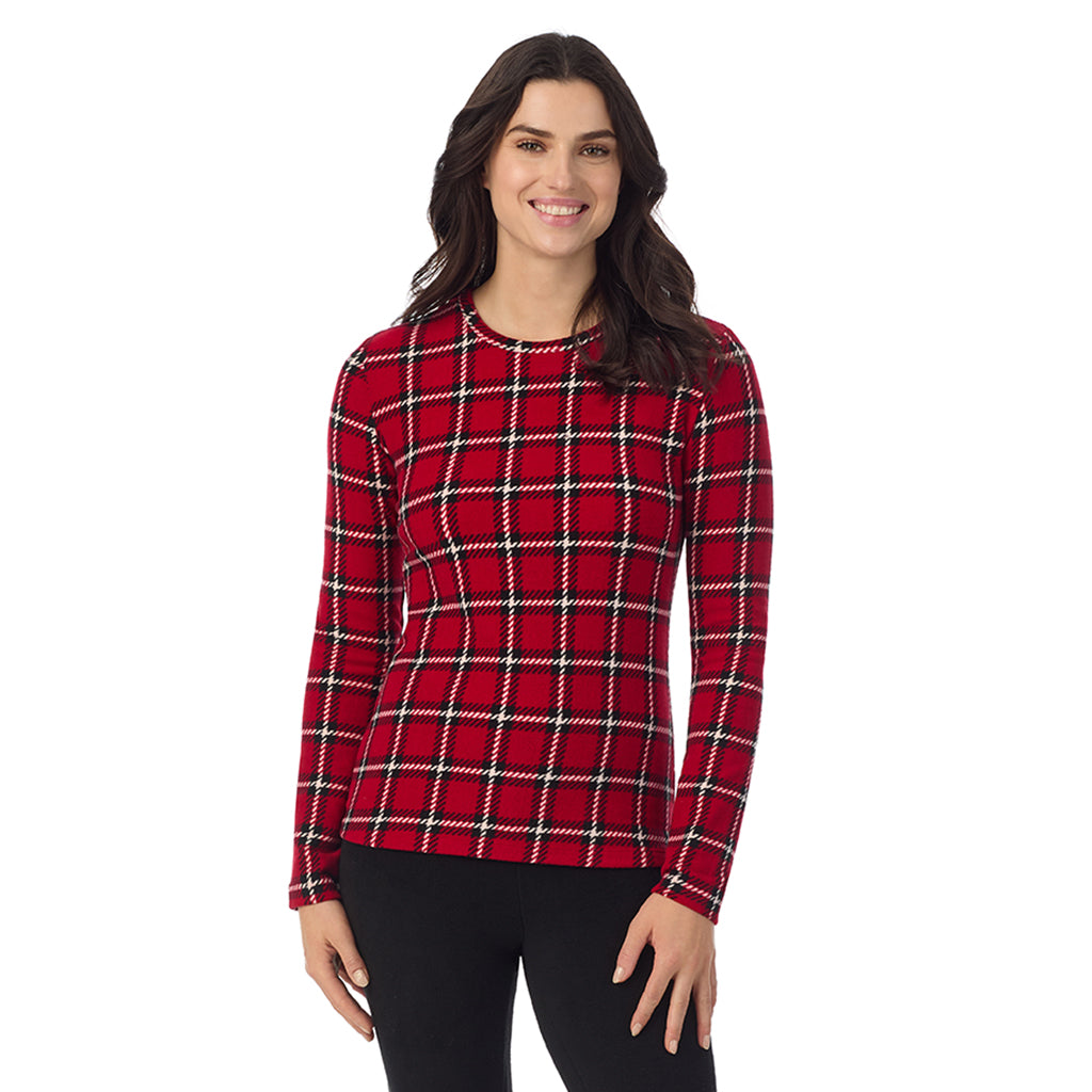 Red Plaid; Model is wearing a size S. She is 5’9”, Bust 34”, Waist 25”, Hips 36”@ A Lady is wearing a Red Plaid Fleecewear With Stretch Long Sleeve Crew