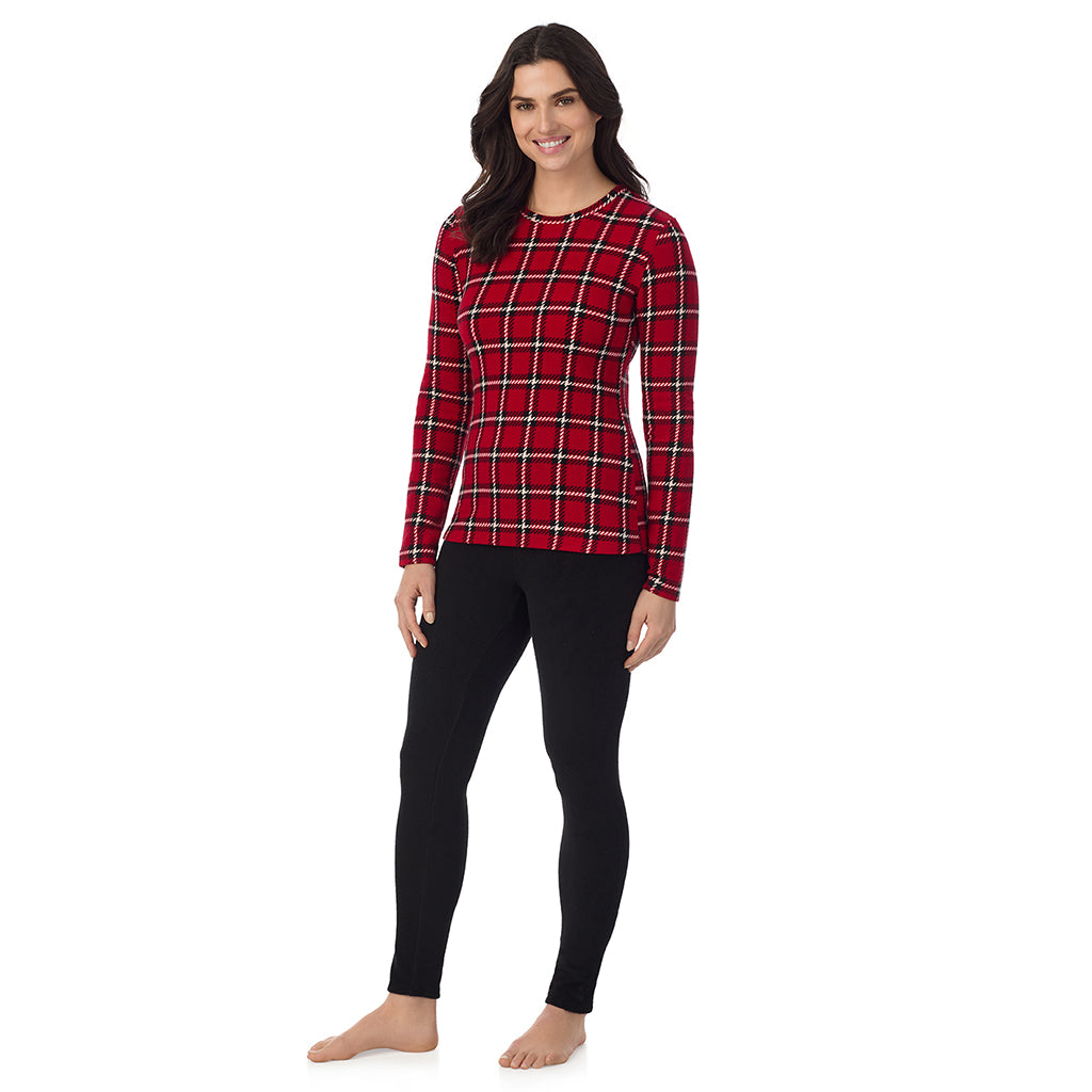  A Lady is wearing a Red Plaid Fleecewear With Stretch Long Sleeve Crew