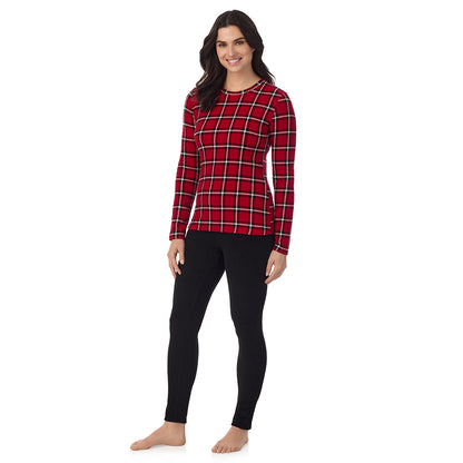 Red Plaid; Model is wearing a size S. She is 5’9”, Bust 34”, Waist 25”, Hips 36”@ A Lady is wearing a Red Plaid Fleecewear With Stretch Long Sleeve Crew