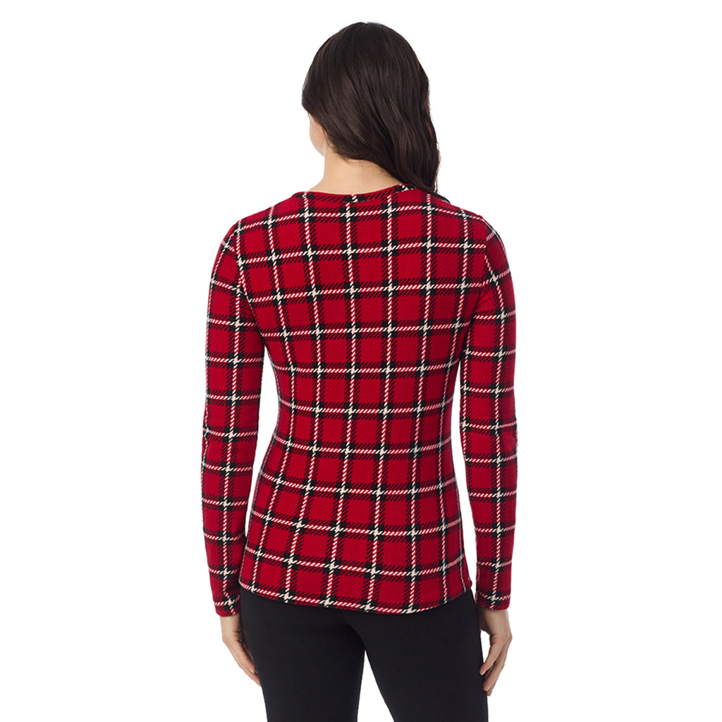 Red Plaid; Model is wearing a size S. She is 5’9”, Bust 34”, Waist 25”, Hips 36”@ A Lady is wearing a Red Plaid Fleecewear With Stretch Long Sleeve Crew