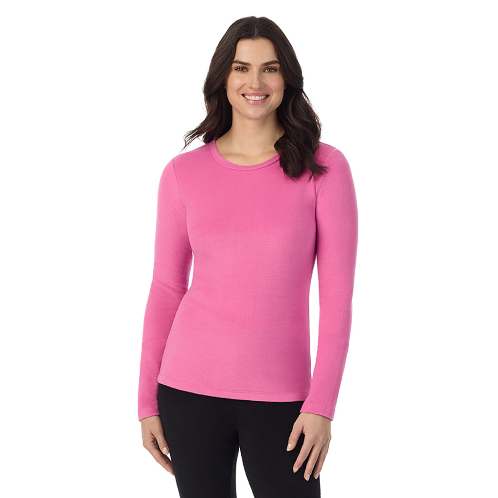 Fiji Pink; Model is wearing a size S. She is 5’9”, Bust 34”, Waist 25”, Hips 36”@ A Lady is wearing a Fiji Pink Fleecewear With Stretch Long Sleeve Crew