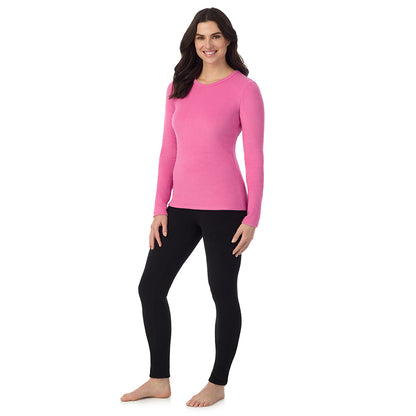 Fiji Pink; Model is wearing a size S. She is 5’9”, Bust 34”, Waist 25”, Hips 36”@ A Lady is wearing a Fiji Pink Fleecewear With Stretch Long Sleeve Crew