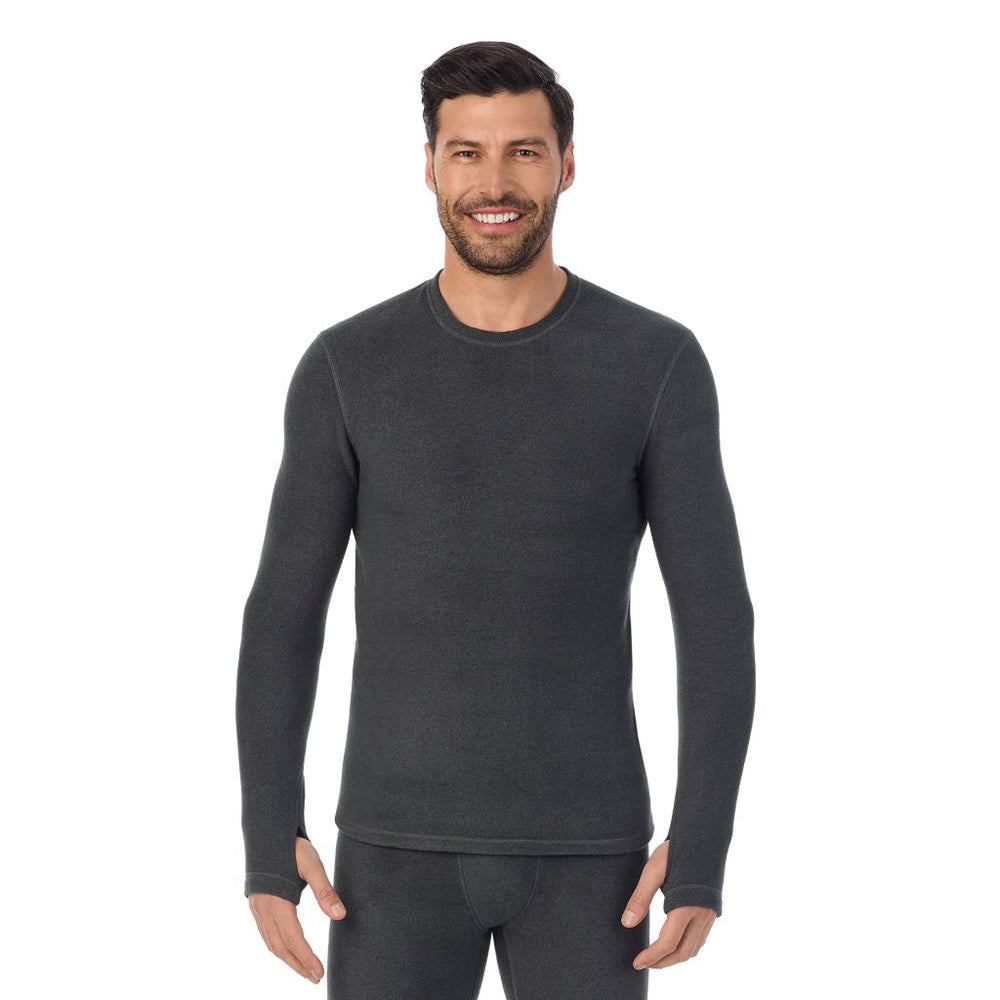 A man wearing black heather long sleeve fleecewear crew.
