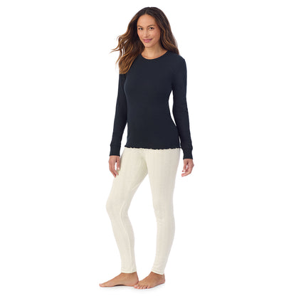Black;Model is wearing size S. She is 5'8", Bust 34", Waist 24.5", Hips 35".@A lady is wearing Cotton Pointelle Long Sleeve Crew
