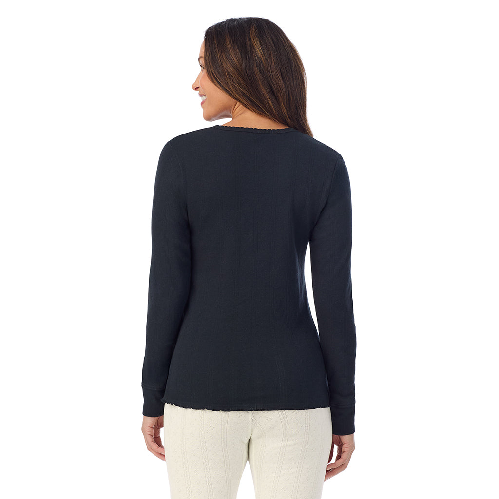 Black;Model is wearing size S. She is 5'8", Bust 34", Waist 24.5", Hips 35".@A lady is wearing Cotton Pointelle Long Sleeve Crew
