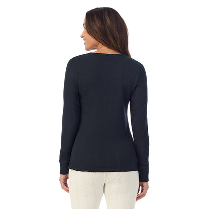 Black;Model is wearing size S. She is 5'8", Bust 34", Waist 24.5", Hips 35".@A lady is wearing Cotton Pointelle Long Sleeve Crew
