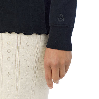 Black;Model is wearing size S. She is 5'8", Bust 34", Waist 24.5", Hips 35".@A lady is wearing Cotton Pointelle Long Sleeve Crew

