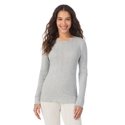 Grey Heather;Model is wearing size S. She is 5’9”, Bust 34”, Waist 23”, Hips 35”.@A lady is wearing Cotton Pointelle Long Sleeve Crew
