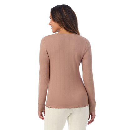 Walnut Taupe;Model is wearing size S. She is 5'8", Bust 34", Waist 24.5", Hips 35".@A lady is wearing Cotton Pointelle Long Sleeve Crew
