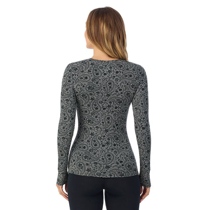 Charcoal Paisley; Model is wearing size S. She is 5'11.5", Bust 34", Waist 26", Hips 37". @A lady wearing a charcoal paisley long sleeve stretch crew.