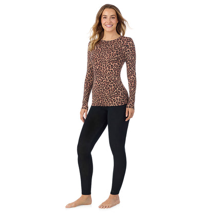 Taupe Leopard; Model is wearing size S. She is 5'11.5", Bust 34", Waist 26", Hips 37". @A lady wearing a taupe leopard long sleeve stretch crew.