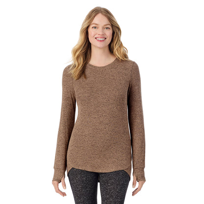 Marled Walnut Taupe; Model is wearing size S. She is 5'11", Bust 33", Waist 24", Hips 34".@ A Lady is wearing Marled Walnut Taupe Soft Knit Long Sleeve Crew
