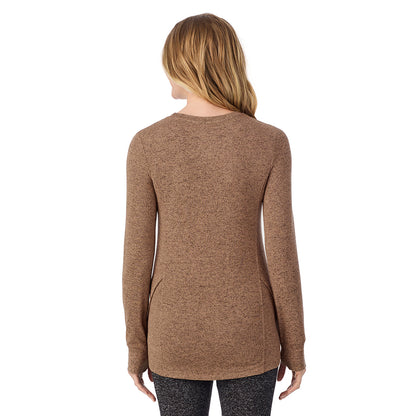 Marled Walnut Taupe; Model is wearing size S. She is 5'11", Bust 33", Waist 24", Hips 34".@ A Lady is wearing Marled Walnut Taupe Soft Knit Long Sleeve Crew