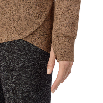 Marled Walnut Taupe; Model is wearing size S. She is 5'11", Bust 33", Waist 24", Hips 34".@ A Lady is wearing Marled Walnut Taupe Soft Knit Long Sleeve Crew