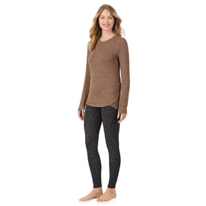  A Lady is wearing Marled Walnut Taupe Soft Knit Long Sleeve Crew