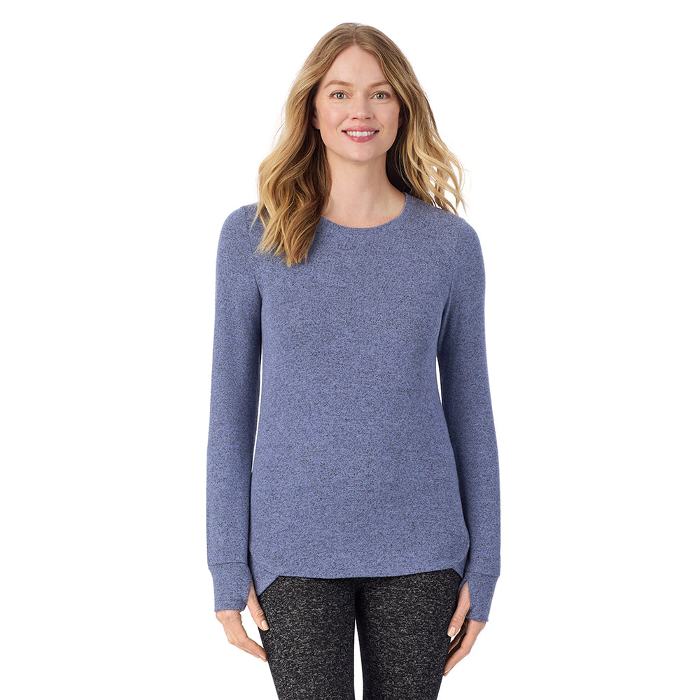 A Lady is wearing Marled Velvet Blue Soft Knit Long Sleeve Crew