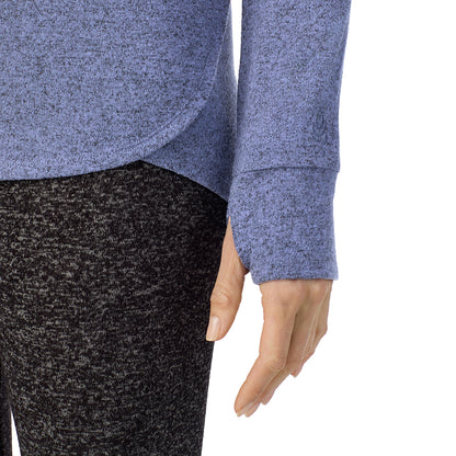 Marled Velvet Blue; Model is wearing size S. She is 5'11", Bust 33", Waist 24", Hips 34".@ A Lady is wearing Marled Velvet Blue Soft Knit Long Sleeve Crew